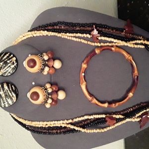 4 pc set Boho 5 Strand Natural Beads & Wood Elephants Necklace Set  24" length